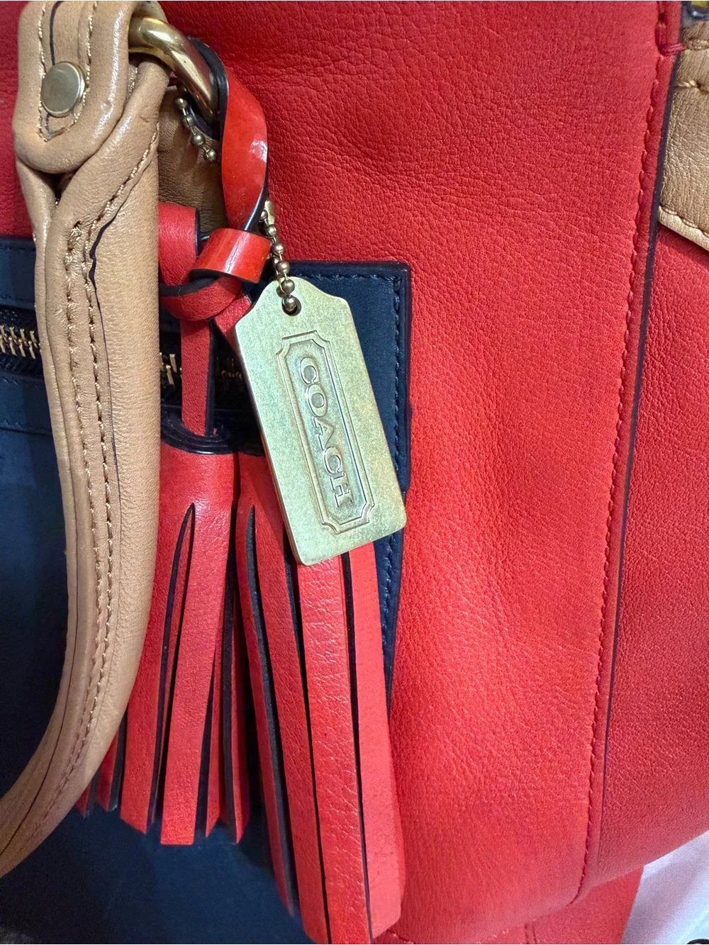 Coach Red, Navy & Tan Colorblock Leather shoulder Satchel with Tassel